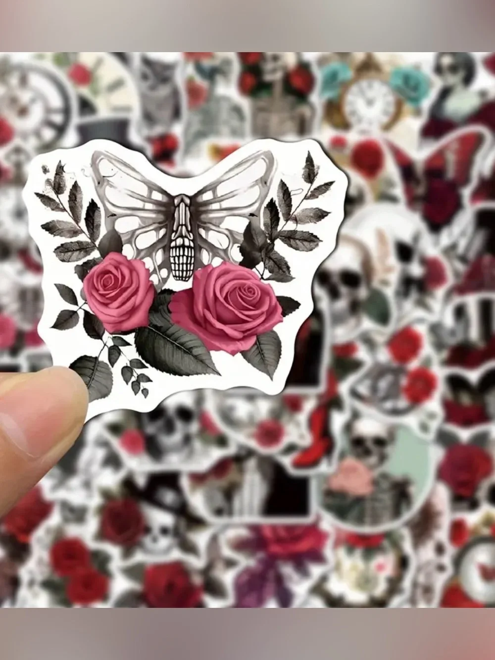 50 Gothic Vintage Skull & Rose Stickers Halloween Black Red Skeletons Flowers